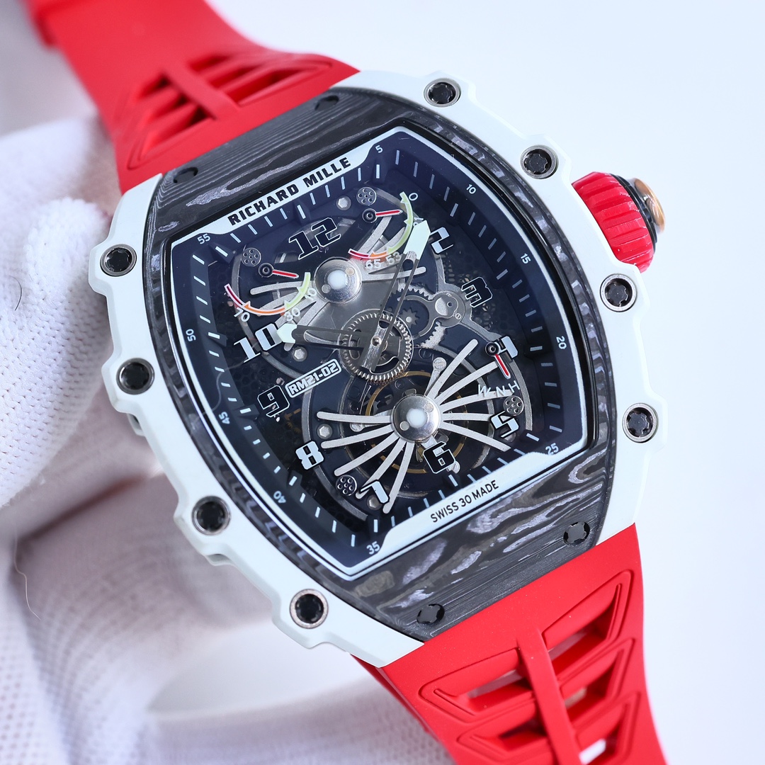 Best Swiss Replica RICHARD MILLE RM 21-01 Red Strap Men's Carbon Fiber Watch - Image 3