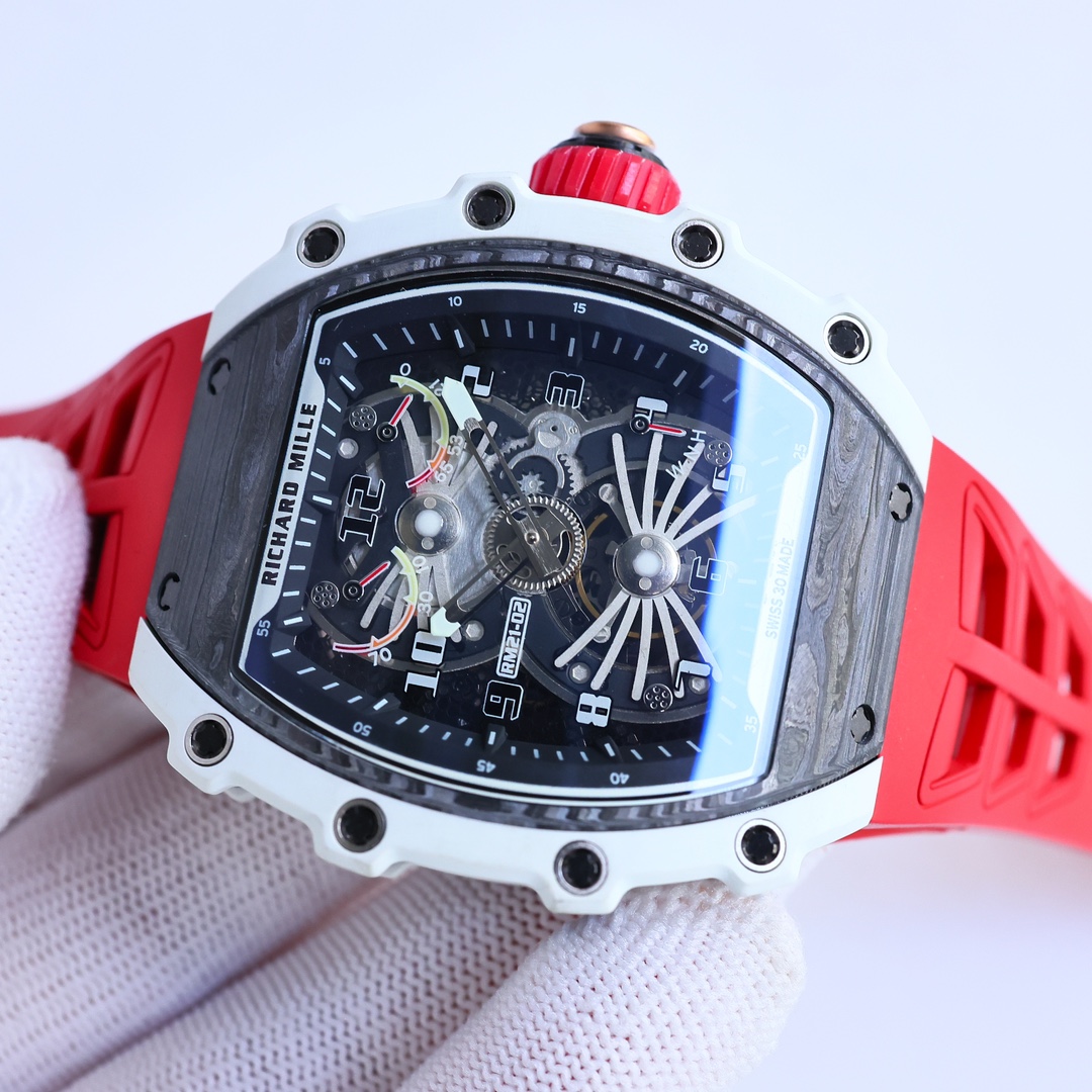 Best Swiss Replica RICHARD MILLE RM 21-01 Red Strap Men's Carbon Fiber Watch - Image 4