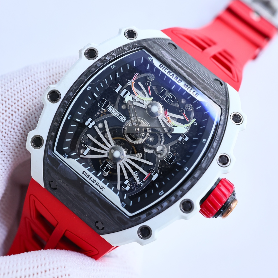 Best Swiss Replica RICHARD MILLE RM 21-01 Red Strap Men's Carbon Fiber Watch - Image 5