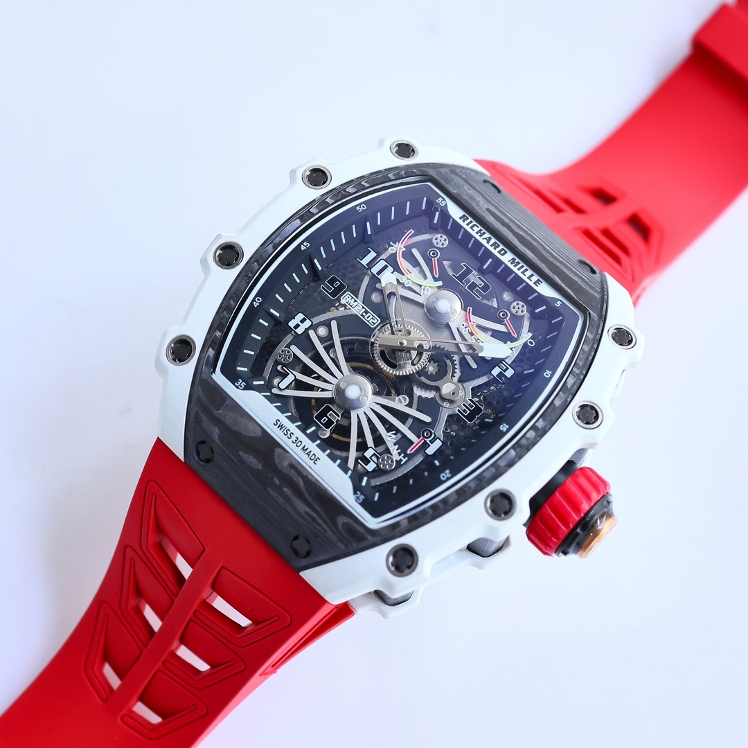 Best Swiss Replica RICHARD MILLE RM 21-01 Red Strap Men's Carbon Fiber Watch - Image 6