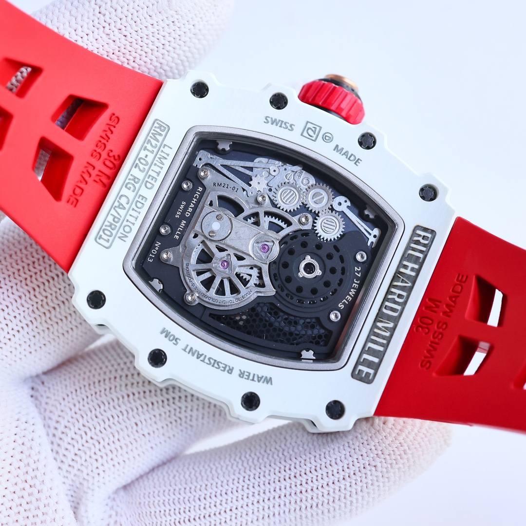 Best Swiss Replica RICHARD MILLE RM 21-01 Red Strap Men's Carbon Fiber Watch - Image 9