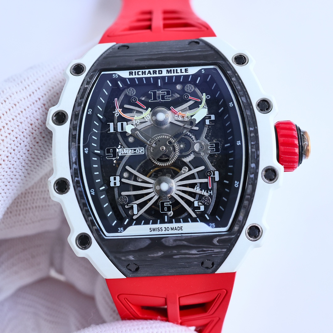 Best Swiss Replica RICHARD MILLE RM 21-01 Red Strap Men's Carbon Fiber Watch - Image 2