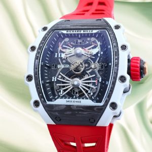 Best Swiss Replica RICHARD MILLE RM 21-01 Red Strap Men's Carbon Fiber Watch